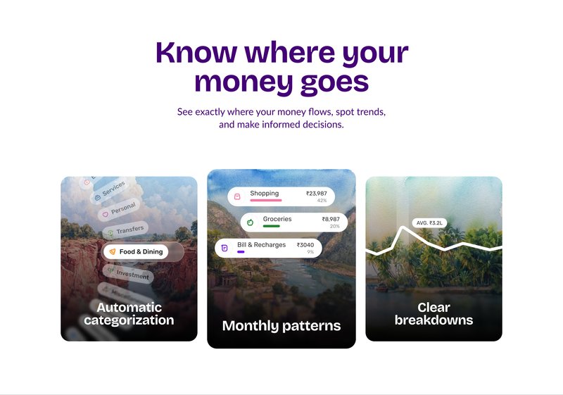 Slice website scene: know where your money goes — automatic categorization, monthly patterns, clear breakdowns
