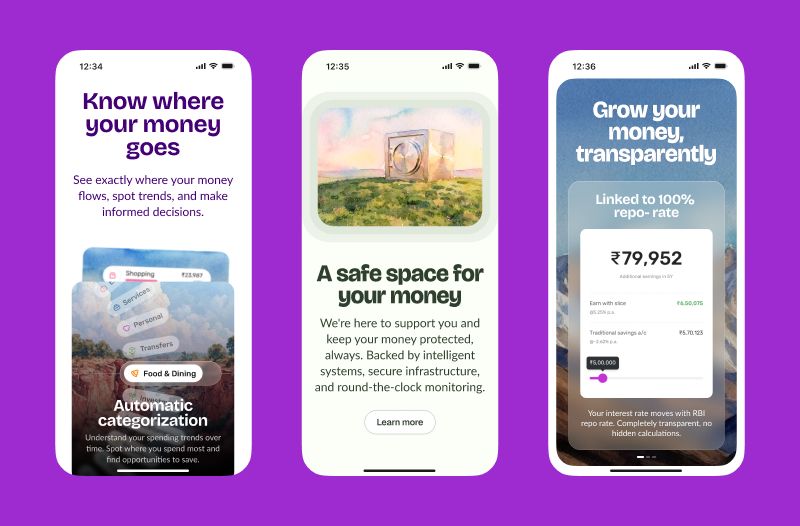 Slice app screens: spending insights, security, and growth